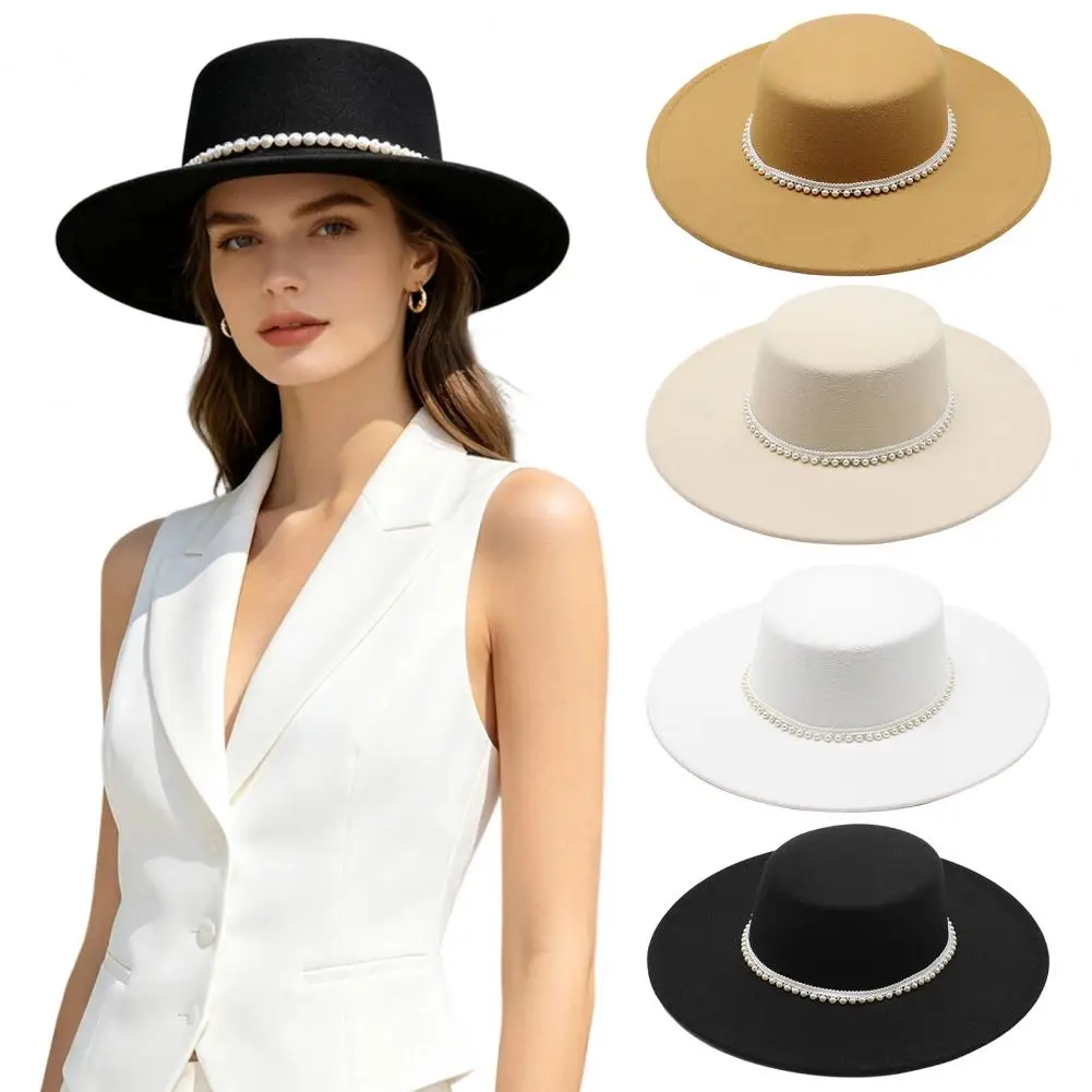 Wide Brim Fedora for Women Wide Brim Wool Felt Hat for Women Vintage Flat Top Fedora with Faux Pearl Trim Elegant Winter Cap