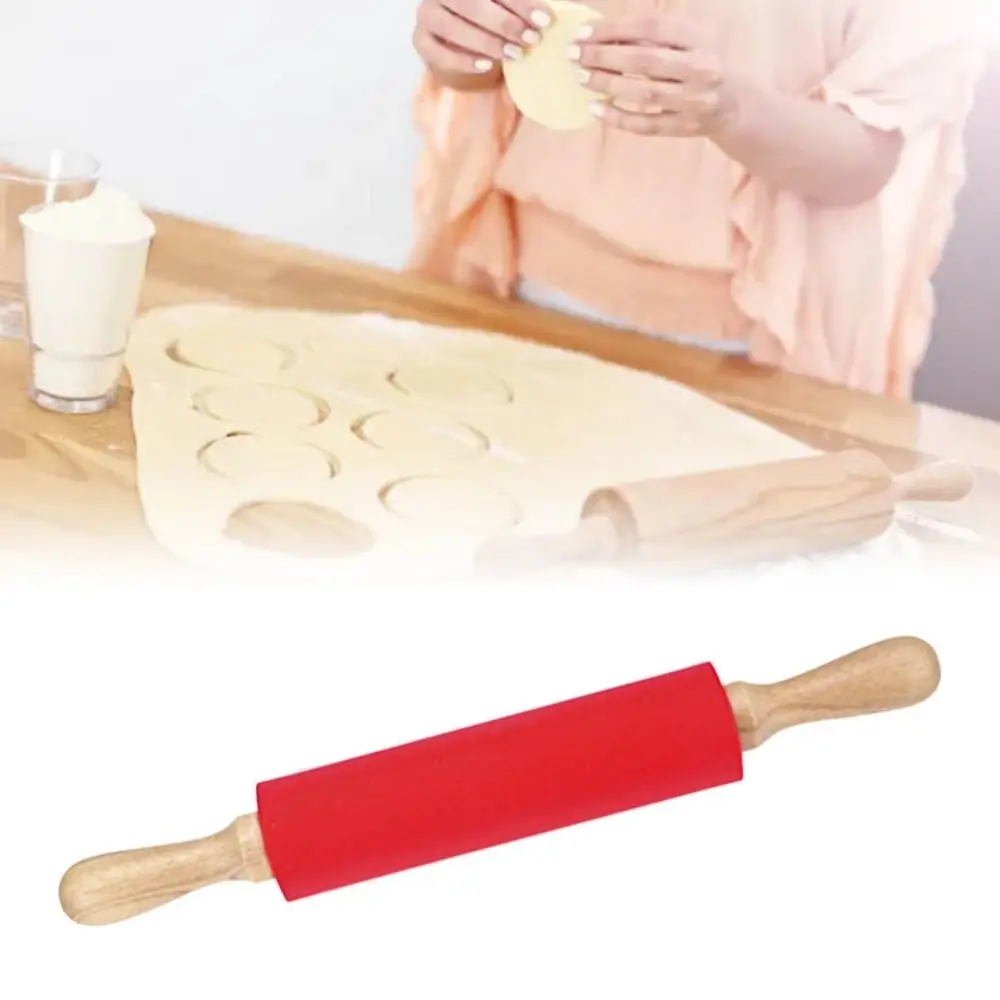 Solid Wooden Handle Silicone Rolling Pin Rotatable Handle Easy To Clean Mini Rolling Pin Non Stick Surface Non Stick Rolling Pin