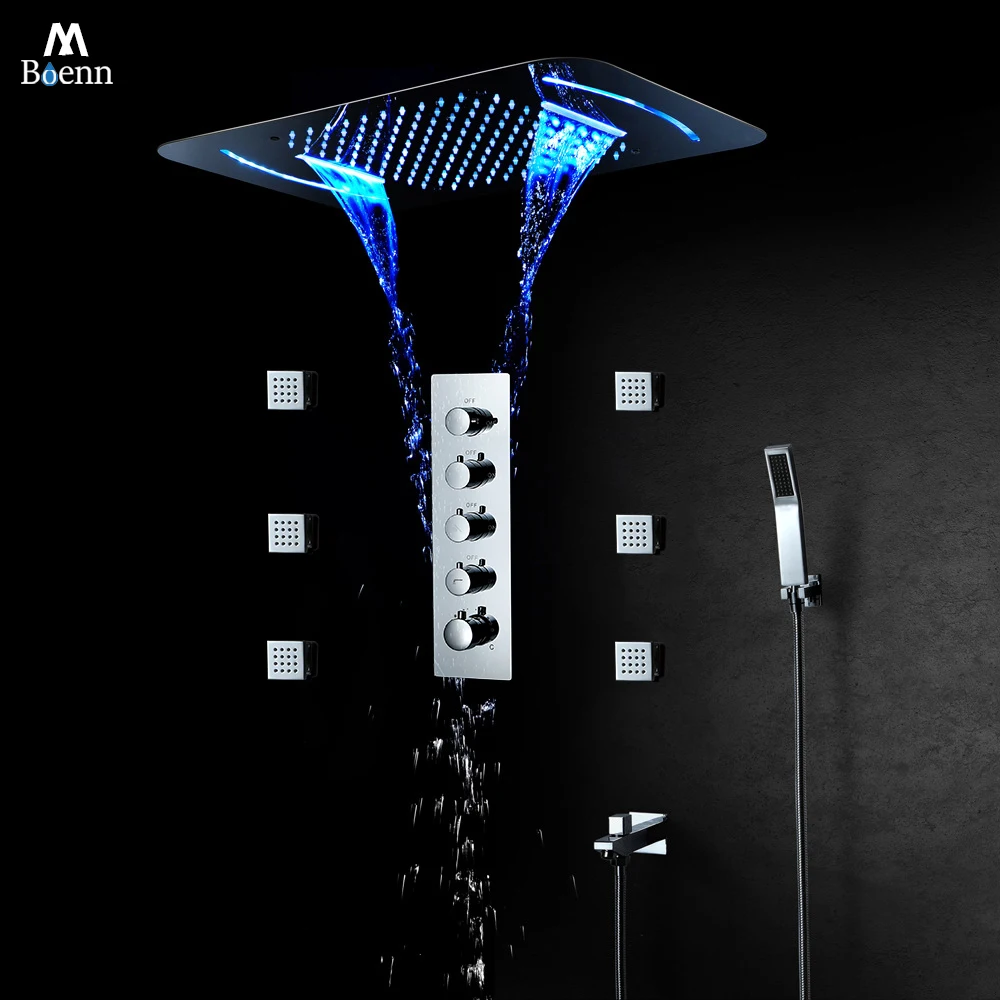 

Душевая система M Boenn для пар, потолок для ванной комнаты, 22,8x14,9 дюйма, светодиодная насадка для душа с дождевой насадкой, умный термостатический смеситель, переключатель