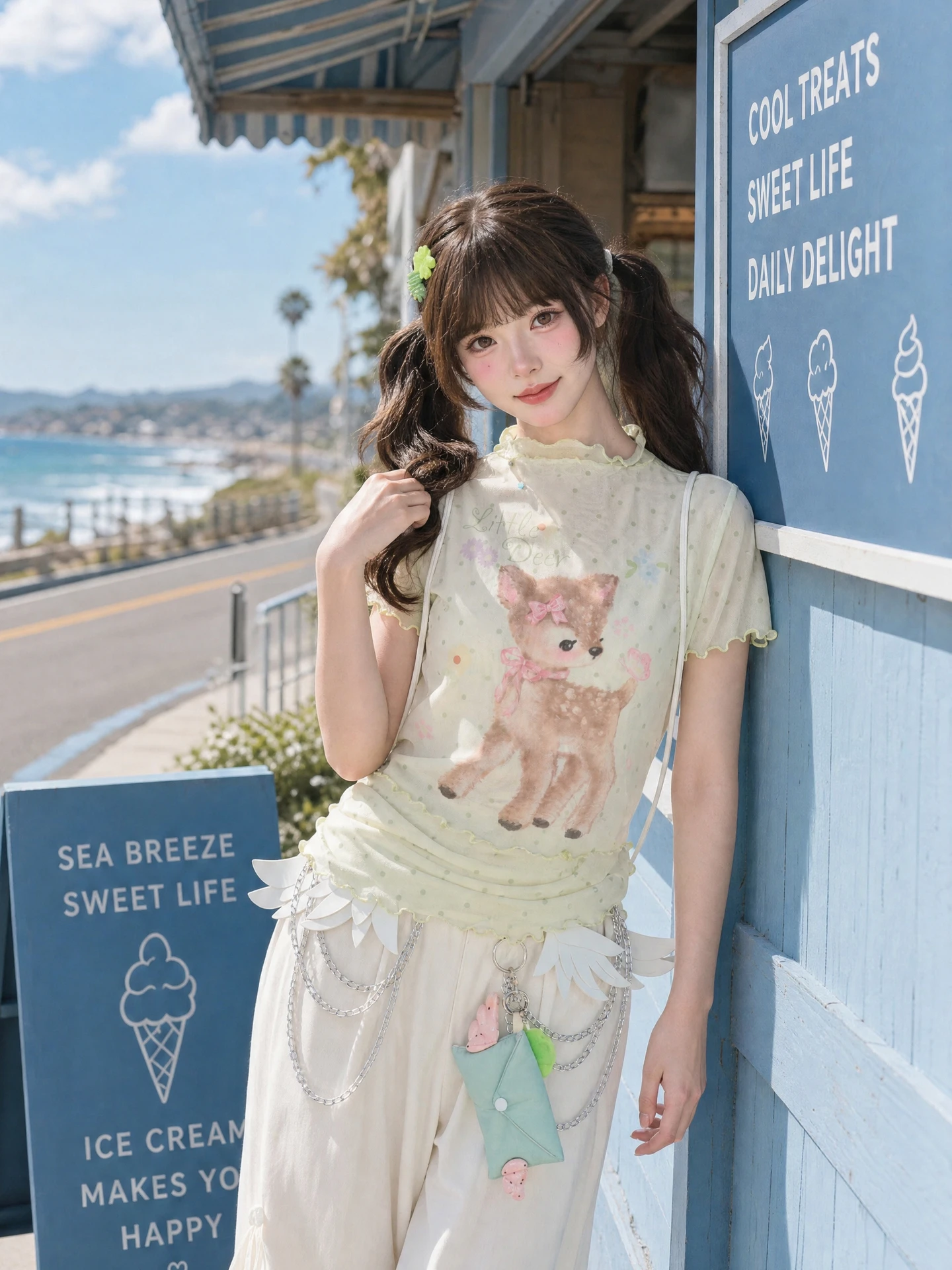 Sweet Style Polka Dot Deer Print Short Sleeve T-Shirt Women's Slim Fit Shoulder Design Autumn New Arrival from China