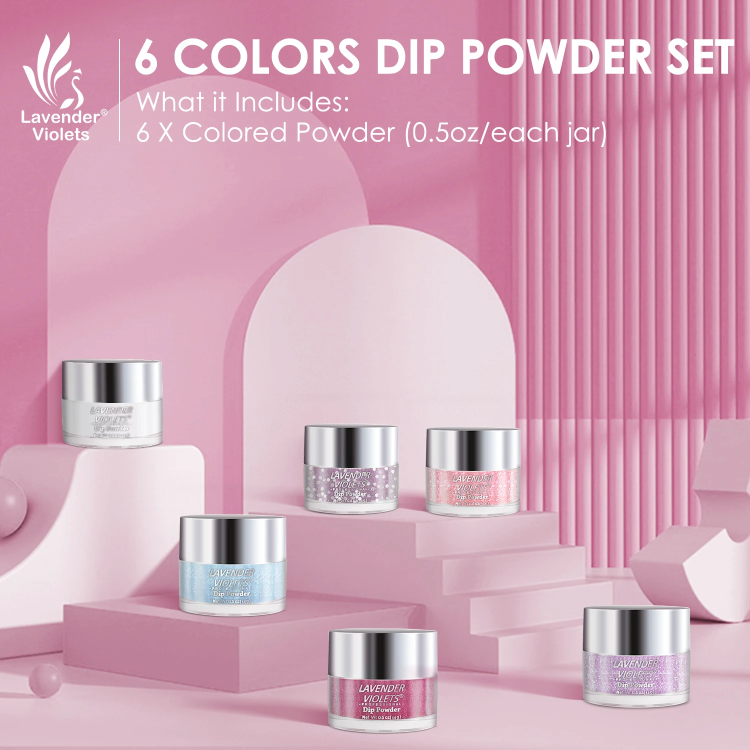 6 ชิ้นขนาดใหญ่ความจุ Glitter สีชมพูสีม่วงสีฟ้าสี Air Dry Dipping Powder Set ยาวนานสําหรับเล็บ Art Design