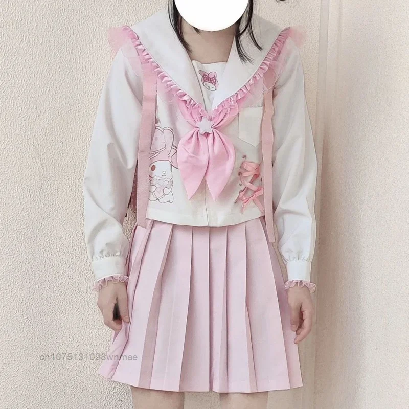 Sanurgente-Uniforme Sweet Melody JK, ensembles de jupes de style Lolita, robe plissée Y2k Y avec col marin, vêtements Kawaii pour femmes, 2 pièces