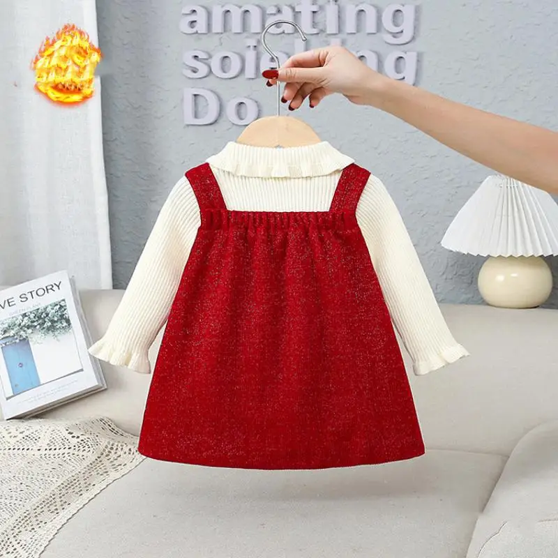 2024 Christmas Girl Baby Dress Two Piece Set Sleeveless Dresses Ruffle Solid Color Children Top Birthday Party Set Girls Clothes