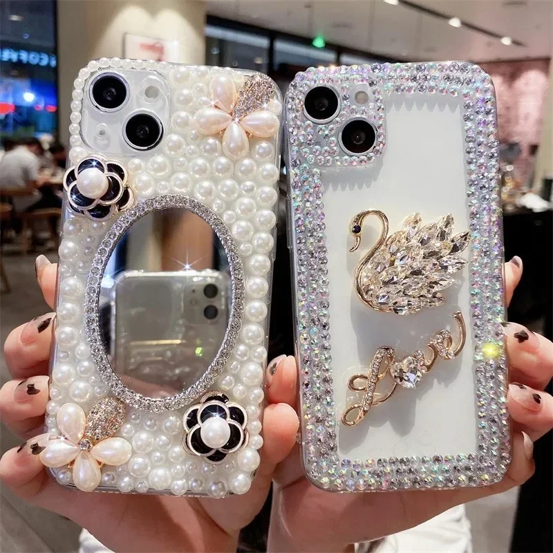 Camellia Swan Bling Diamond Chain Back Cover for Samsung Galaxy S23 S22 S21 S20 Plus + Ultra FE S24 S10 Lite Note 10 20 Pro