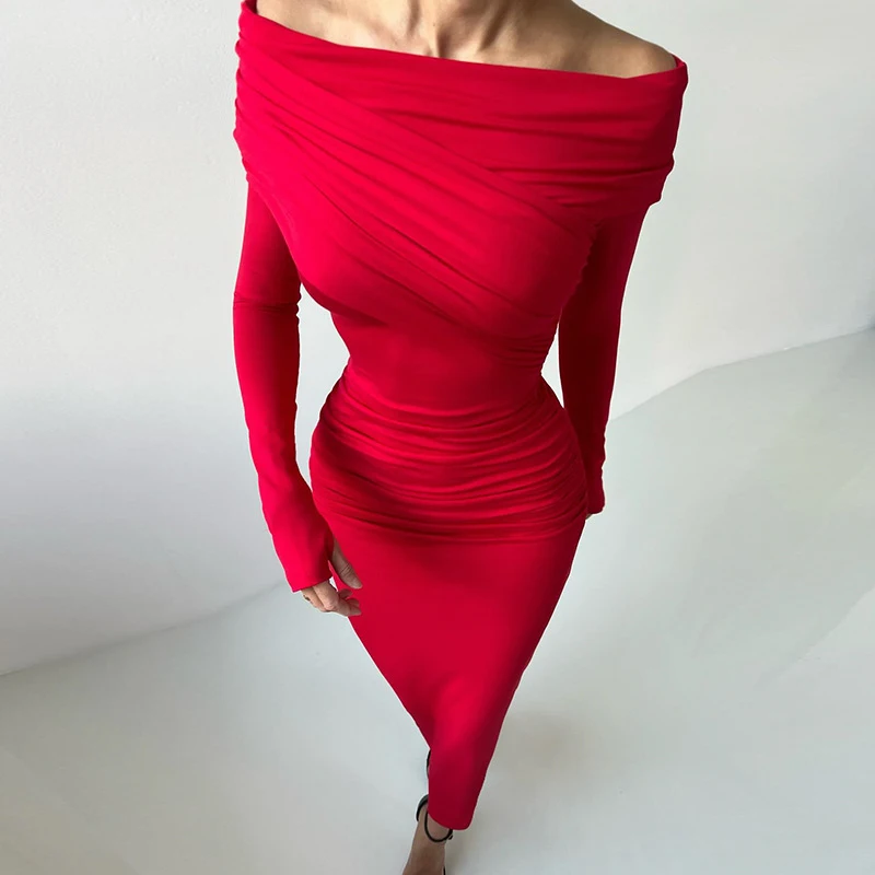 BKLD Temperamento Abito Rosso Femminile di Colore Solido Slash Neck Off-spalla Aderente a maniche lunghe Pacchetto Hip Midi Dress Clubwear