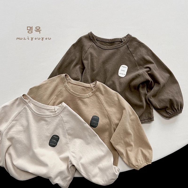 Korean T-shirt children Retro style solar system Versatile cotton tops Child baby Long sleeves T-shirt 2024 neutral