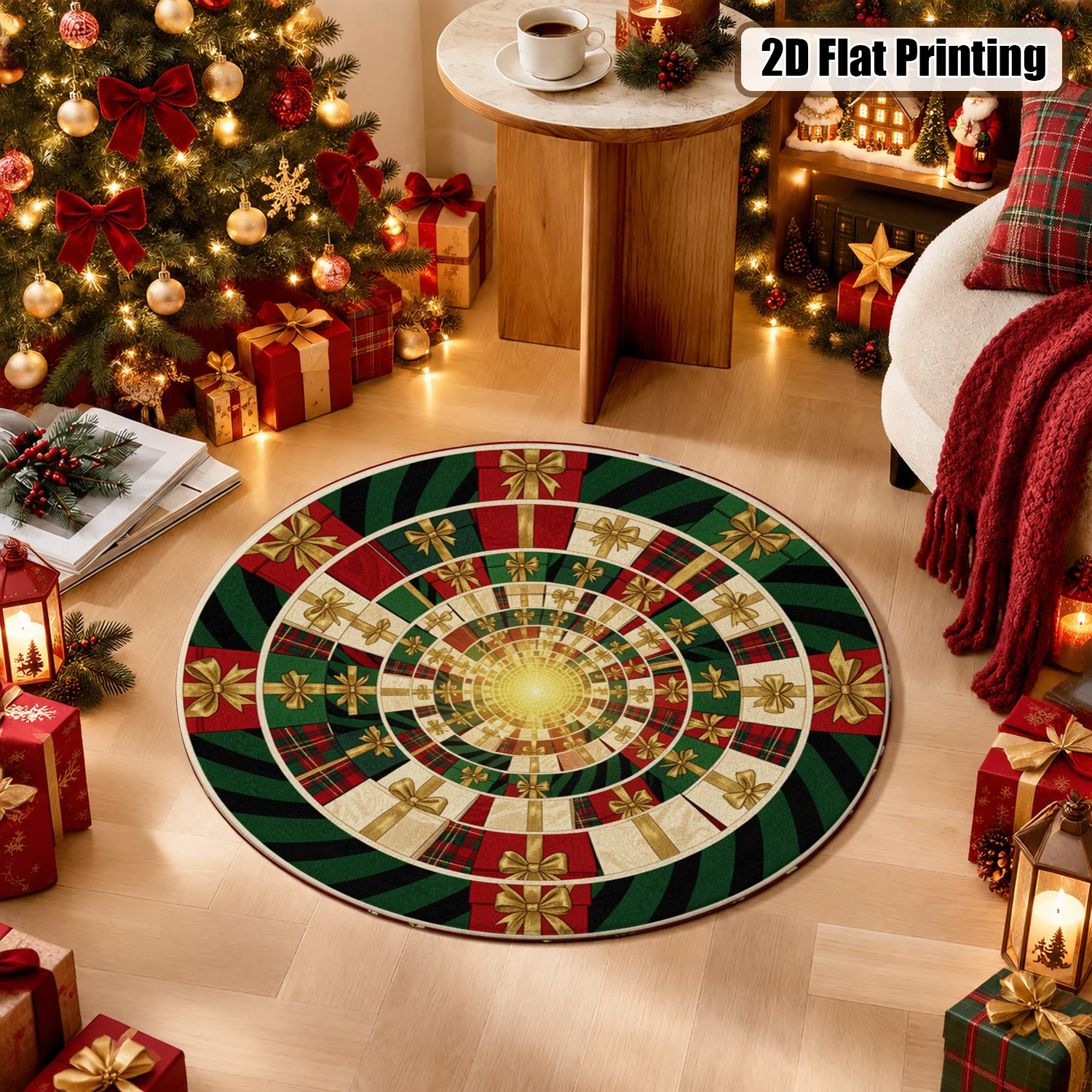 Circular Christmas Gift Bow Design Round Velvet Rug Machine Washable Living Room Bedroom Dining Area Halloween Thanksgiving Black Friday Christmas New Year