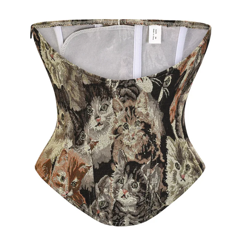 Czarny nadruk z kotem zamek gotycki gorset Underbust odchudzanie talii Cincher Shapewear kobiety Steampunk ubrania Sexy Corpete Feminino