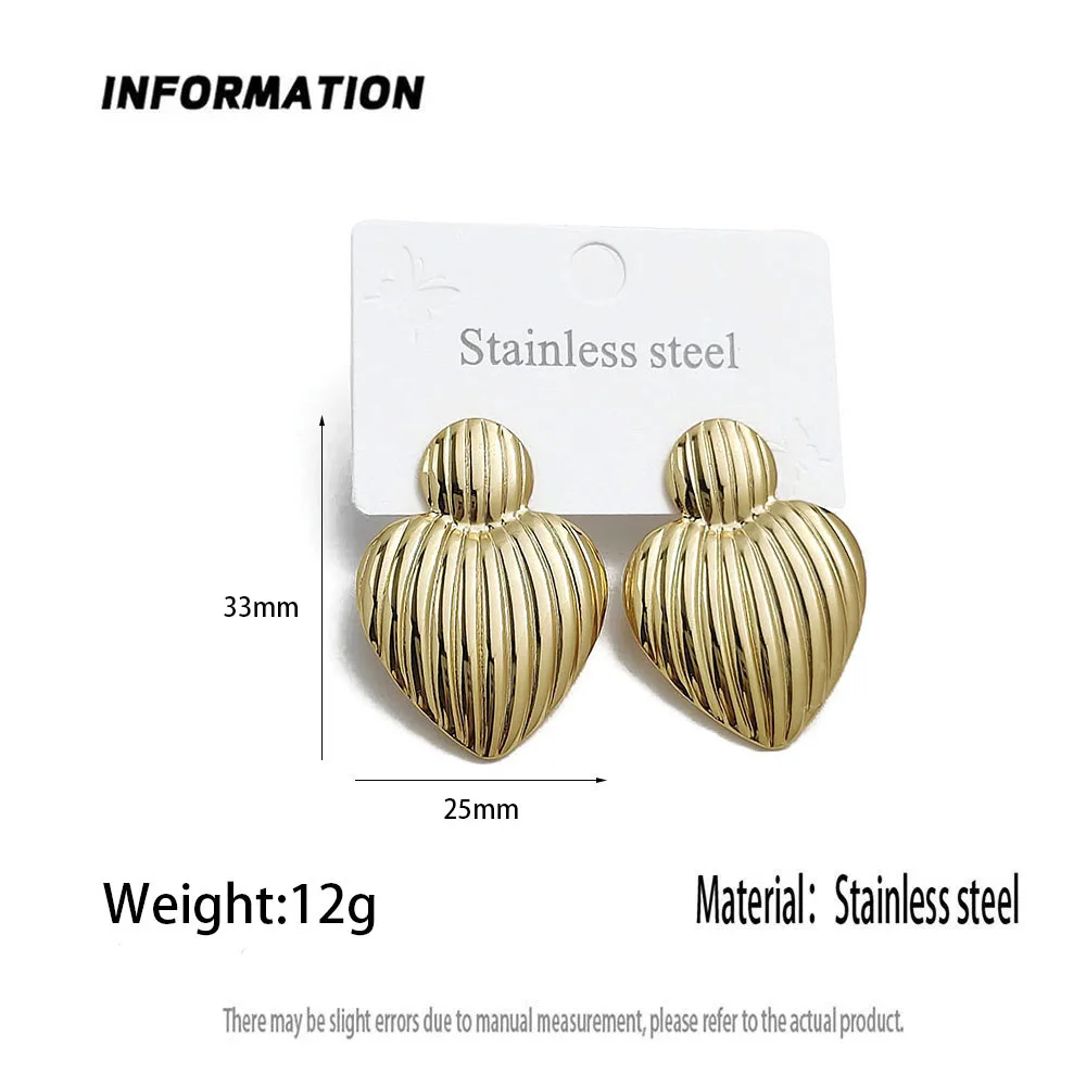 Stainless Steel Vertical Striped Heart Stud Earrings Gold Tone Ridged 3D Love Shape Statement Ear Jewelry for Women