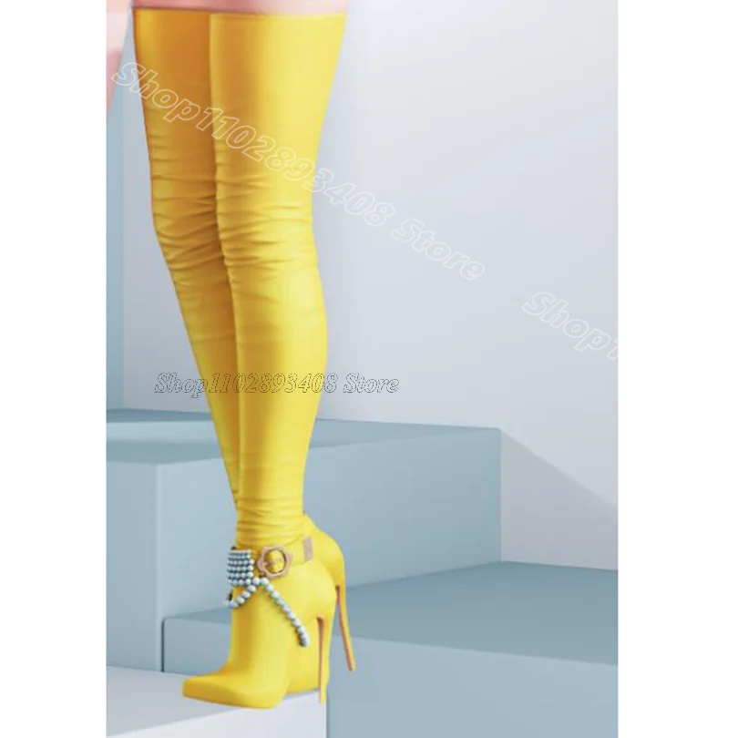 Yellow Pearl Decor Over Knee Boots Pointed Toe Sweet Style Fashion Spring Women Party Over Knee Boots 2024 Zapatos Para Mujere