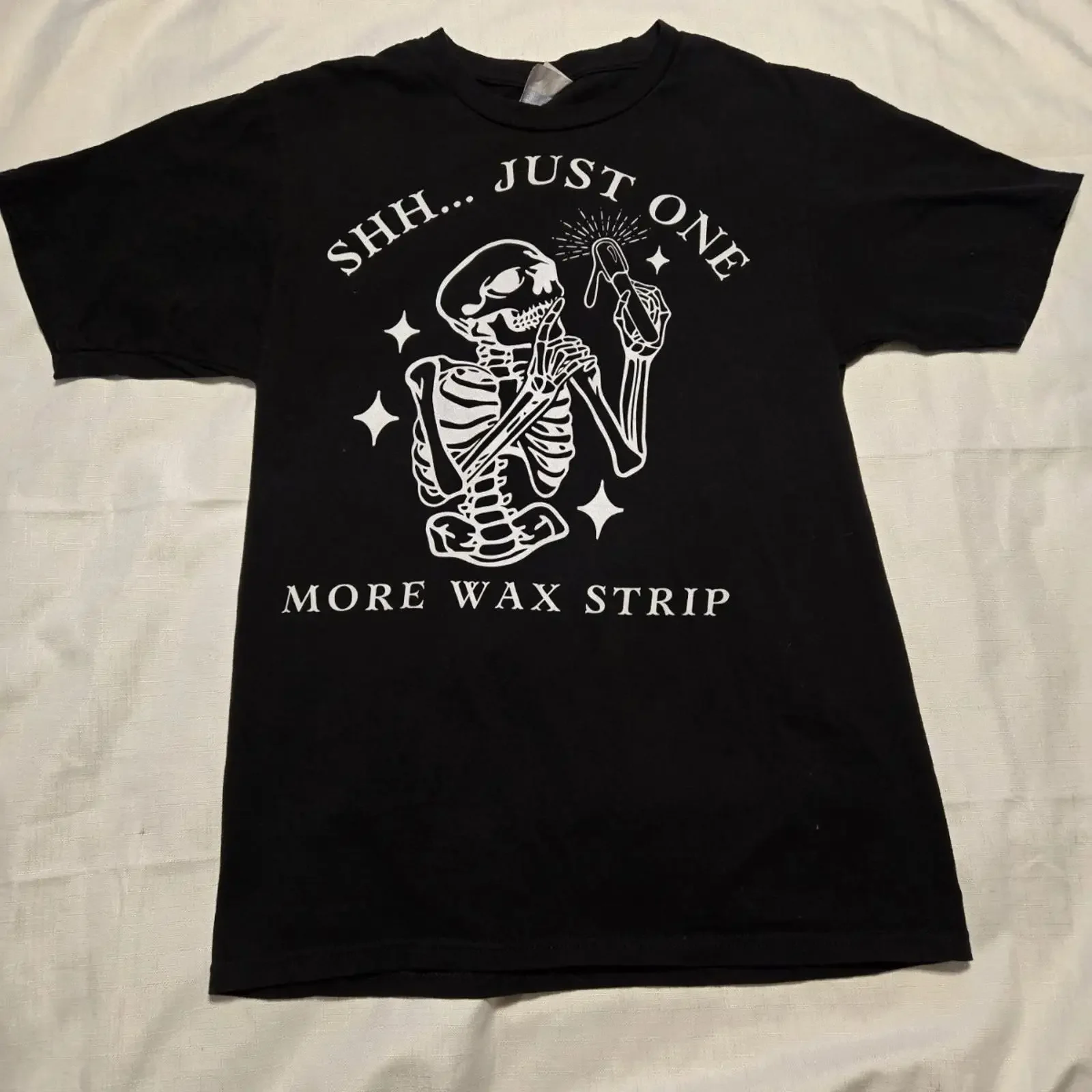 Funny Skeleton Esthetician T Shirt Just One More Wax Strip Specialist Sz S vintage Washed Slightly designer clothes Unisex
