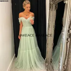 Light Green Tulle Long Prom Dresses Pleats Off the Shoulder Plus Size Women Party Gowns Evening Dress A Line Sweetheart