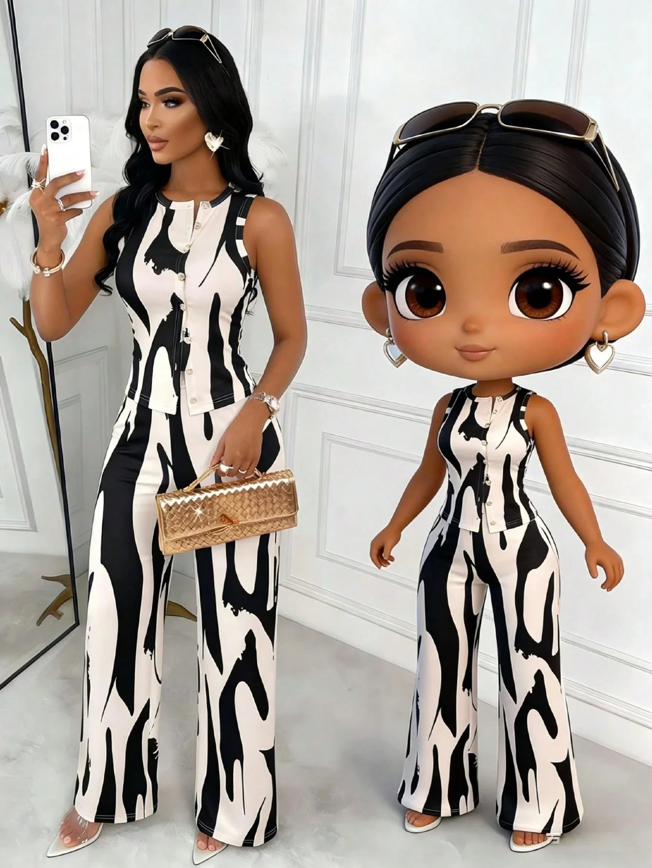 

Женский летний деловой повседневный комплект из 2 предметов: топ без рукавов с принтом и брюки прямого кроя