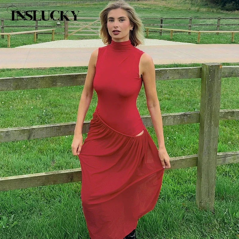 

InsLucky Turtleneck Patchwork Chic Elegant Dress Women Sleeveless Slim Bodycon High Waist Hollow Out Split Long Dresses Summer