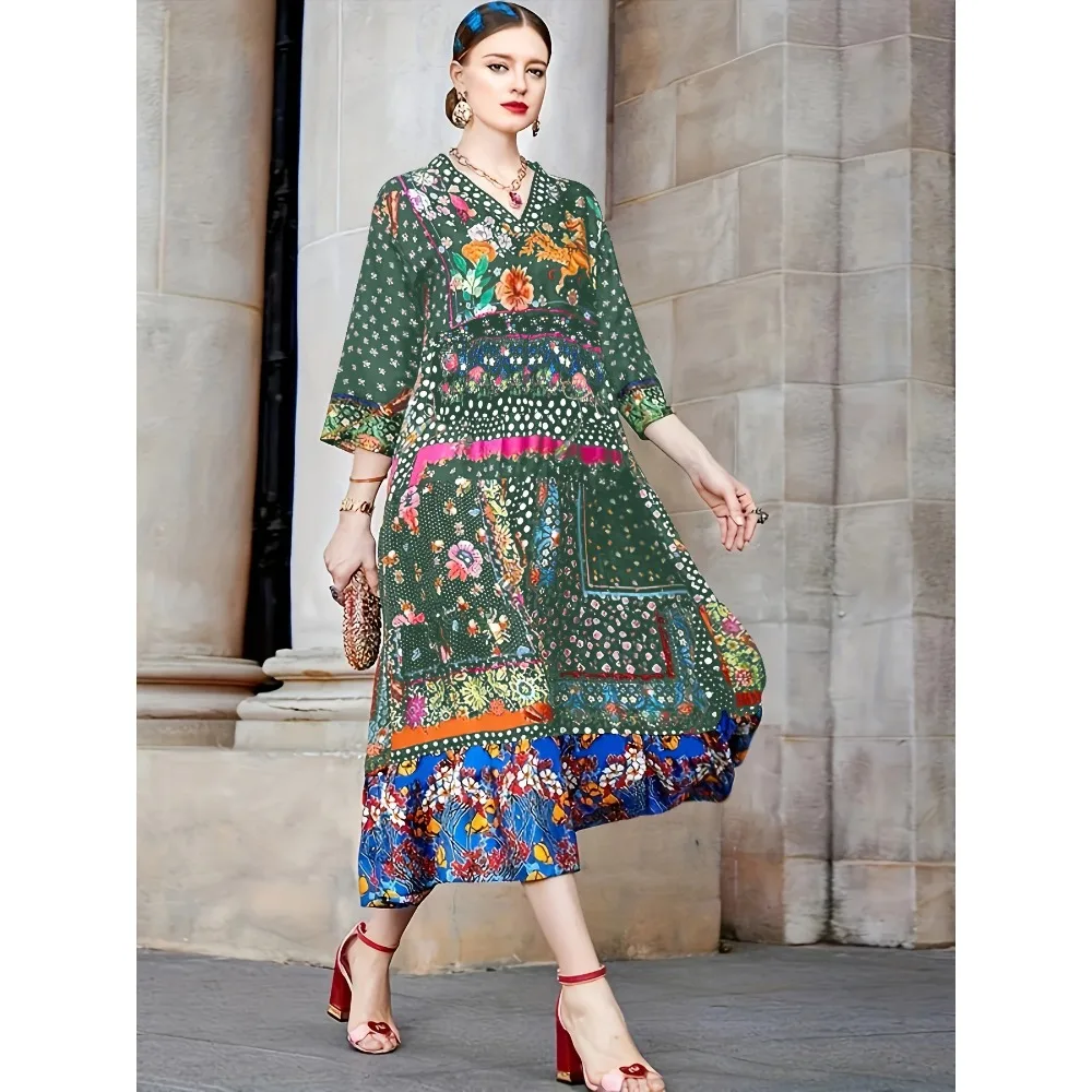 Women's Floral Dress 2024 Summer Plus Size Elegant Long Sleeve Casual Dresses Women Loose Bohemian Beach Vacation Dresses