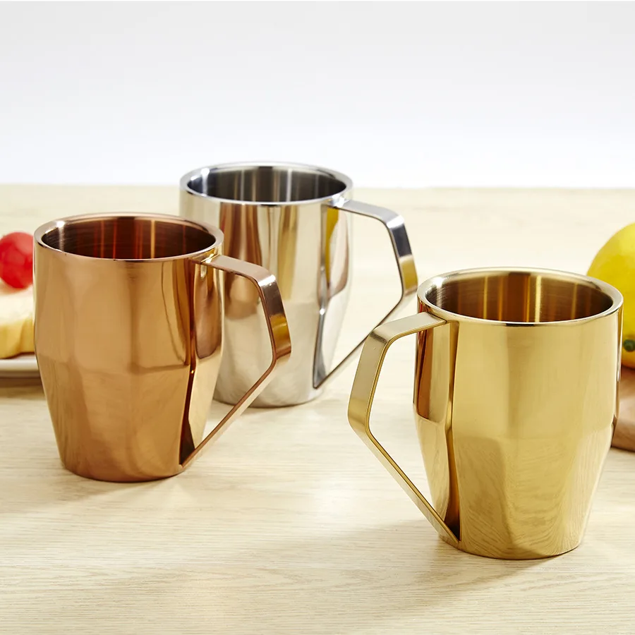 New Style 304 Stainless Steel Copper mugs  plating sterilization Double-layer Coffee Cup Multi-Faceted Brick Surface Glass