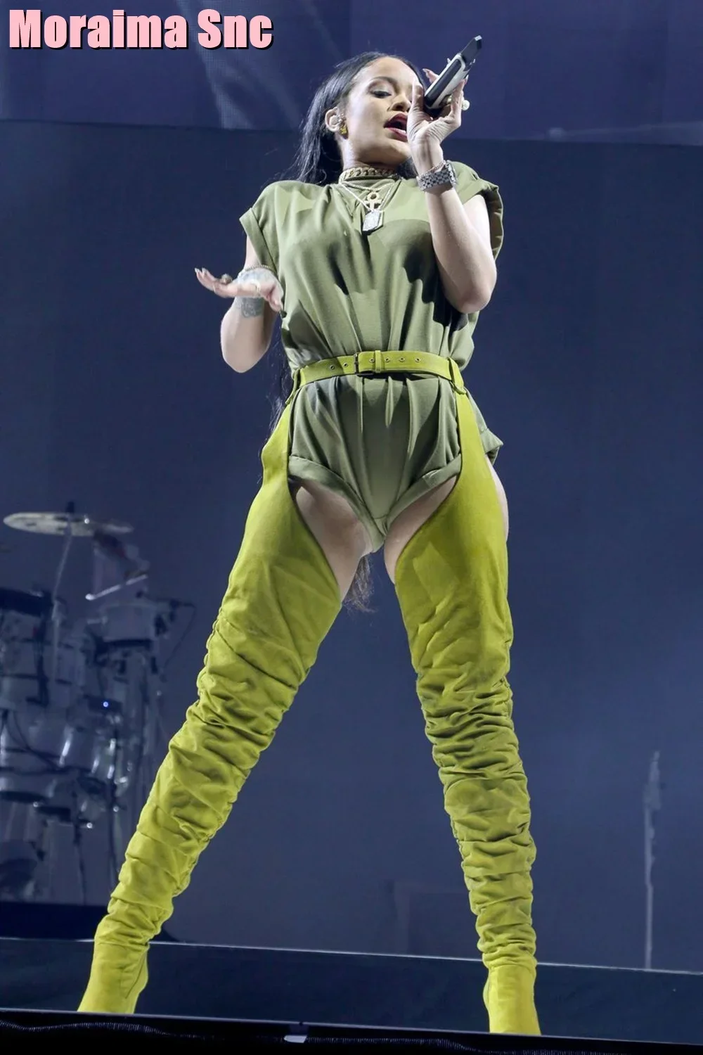 Stivali alti alla coscia pieghettati con punta a punta Cintura con cerniera laterale Tacco alto Stivali lunghi da donna Moda Pelle scamosciata Verde Solido Pista