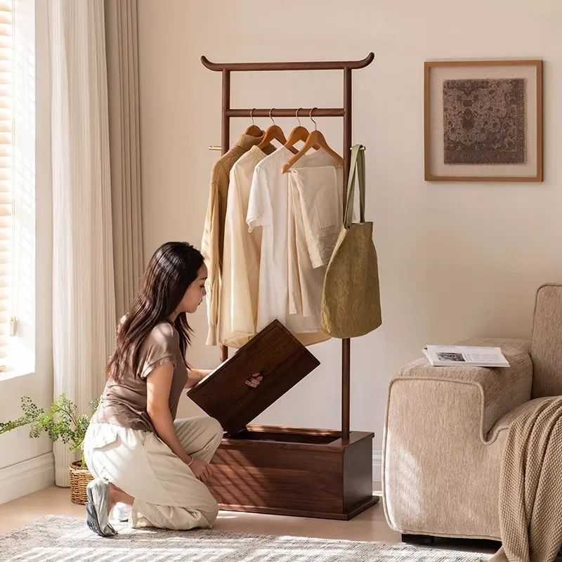 New Chinese black walnut coat rack Floor-to-ceiling solid wood hanger for storage and storage box