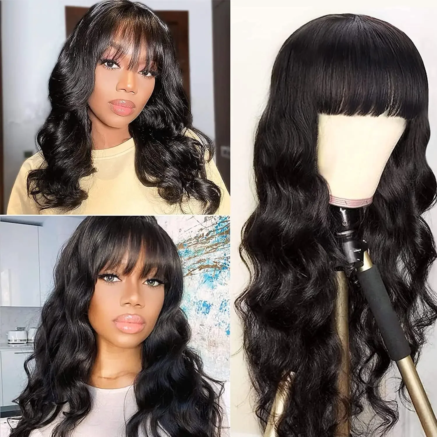 Body Wave Wig With Bangs Human Hair for Women Choice 30 inch Full Machine Made Wig Cheap on Sale 200 Density Human Hair Wig