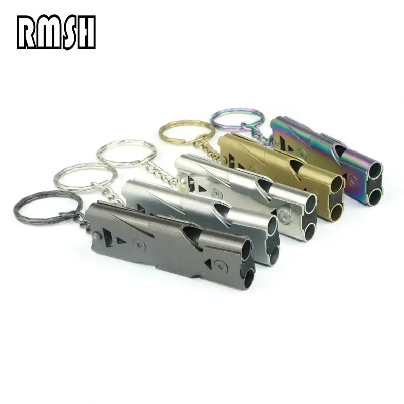 Multifunctional Double Tube Survival Whistle Portable Stainless Steel Keychain Outdoor Tools Training Whistle for Camping Hiking