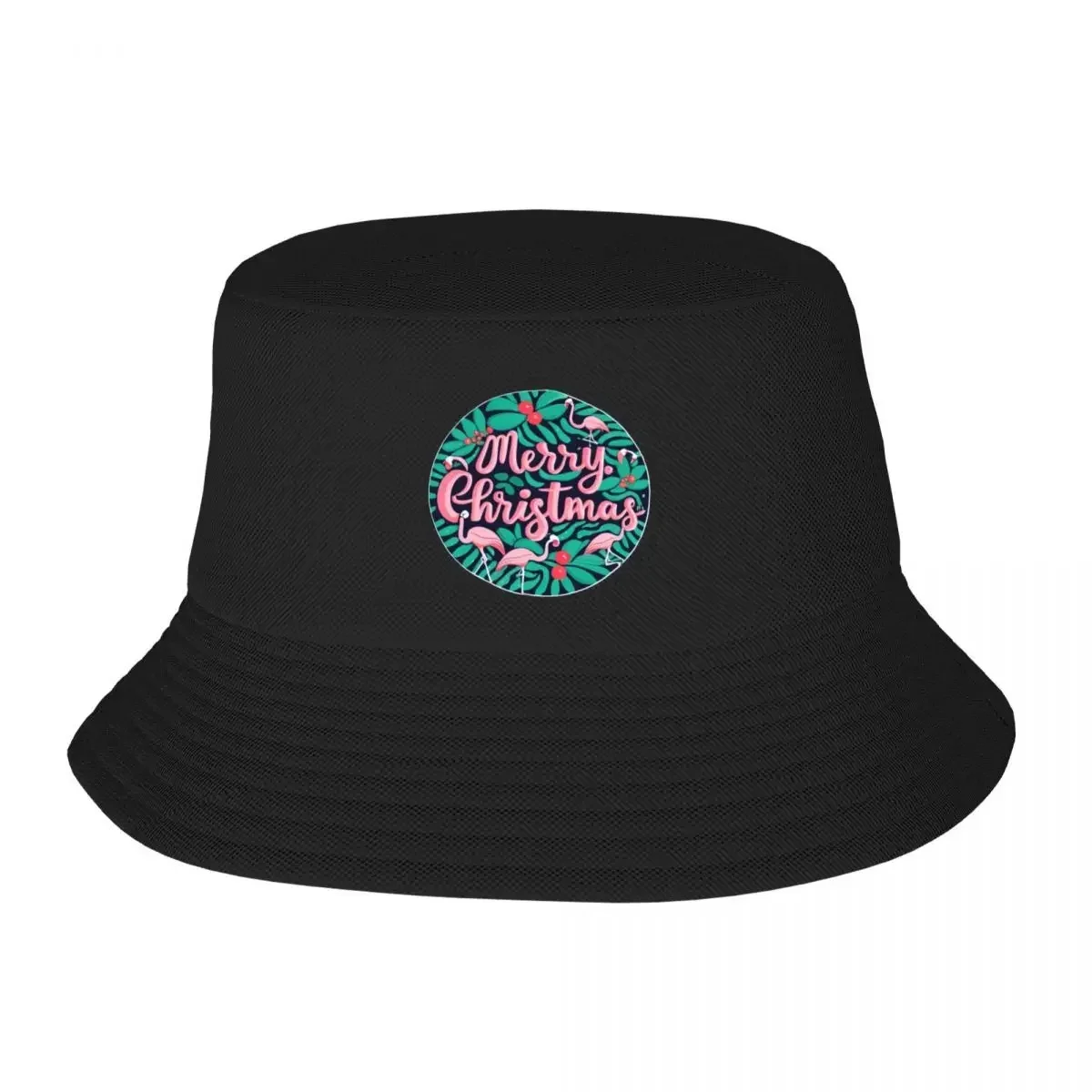 New Cute pink flamingo wearing a christmas' hat and surrounded by christmas things Bucket Hat Trucker Hats Caps For Men Women's