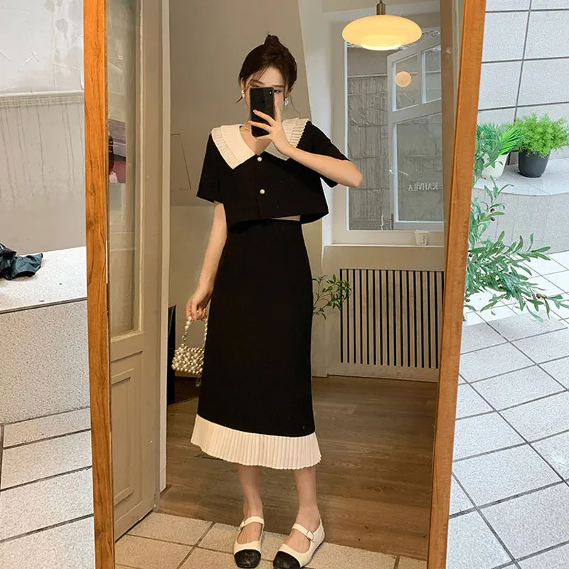 Summer Elegant Women Skirt Sets Retro Office Lady Outifits Puff Sleeve Black Top Skirts Set Korean Fashion Sweet Hepburn Suit