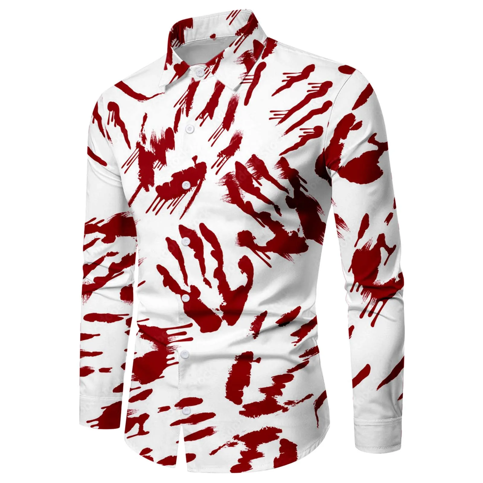 

Mens Shirt Halloween Bloodstain Printed Overshirt Long Sleeve Turn Down Collar Shirts Costume Pearl Snap Party Undies Camisas