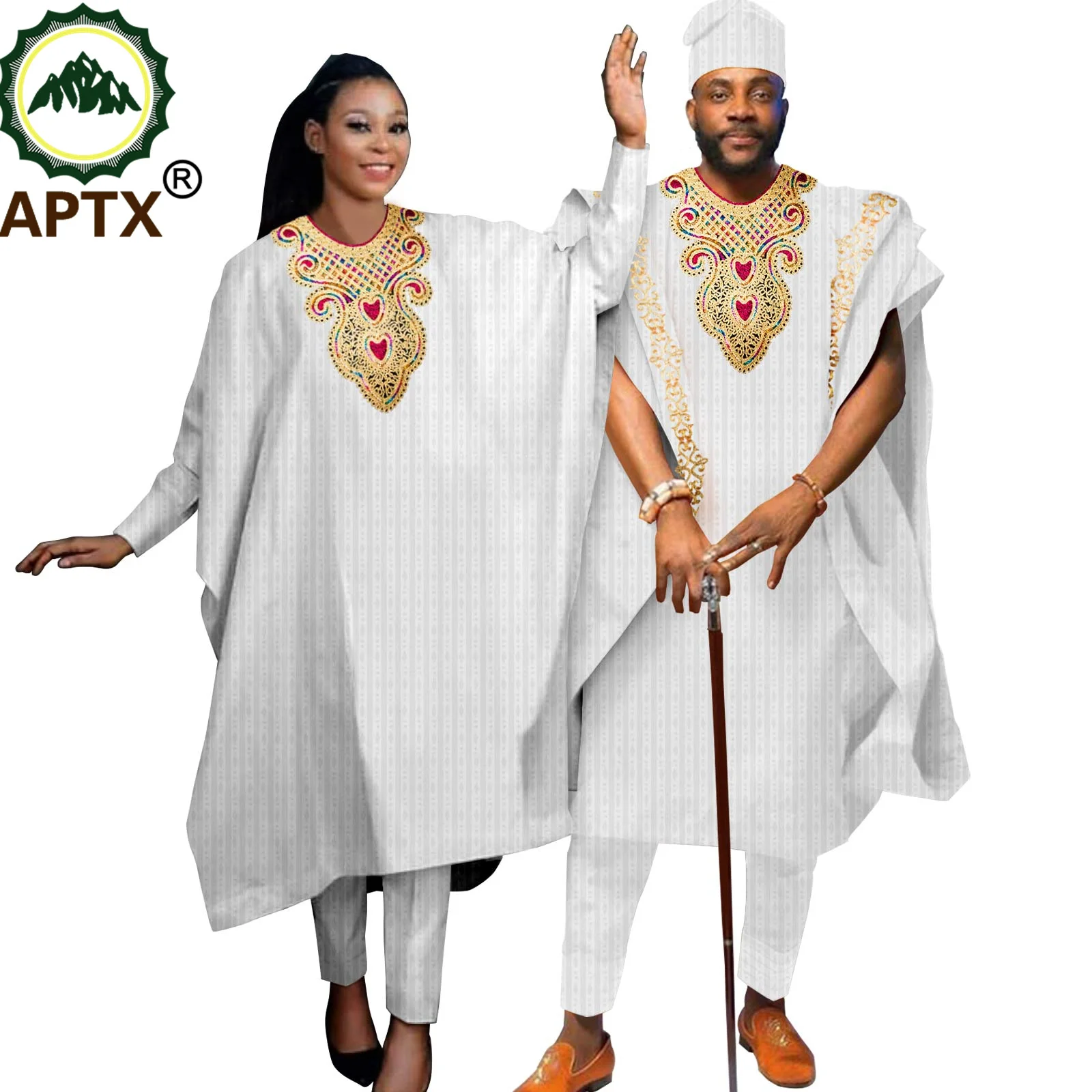 African Wedding Clothes for Couple Men Print Agbada Shirt with Trousers Suits Sets Match Women Robe Lover Wear PartyT23C010