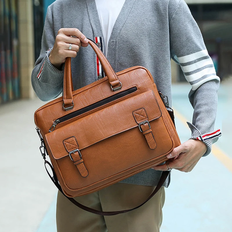 Briefcase Bag for Man PU Leather Vintage Handbags Computer Laptop 14 Shoulder Business Messenger Portfolio Crossbody Bag Male