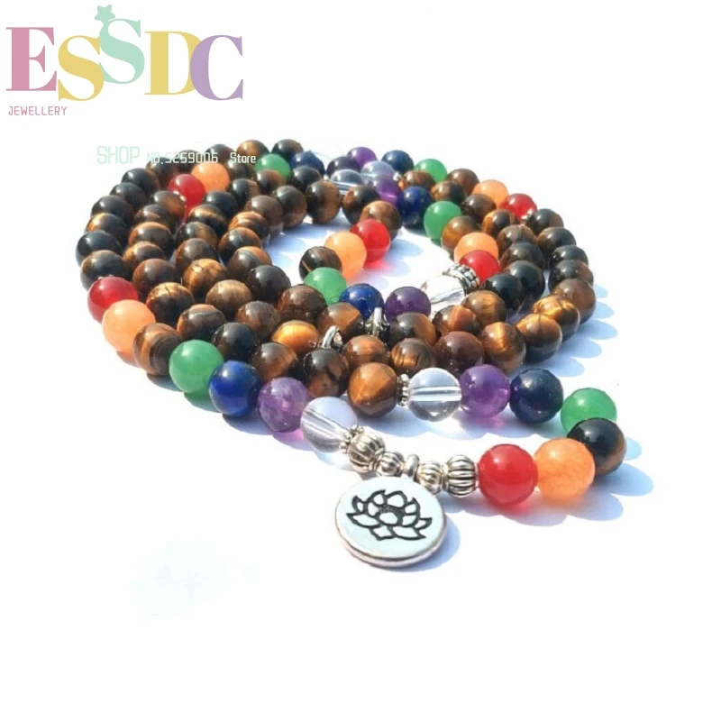 New Arrival Buddhist Lotus Flower Pendant Seven Chakra Yoga 8mm Natural Tiger Eye Stone 108 Mala Beads Bracelet Healing Necklace