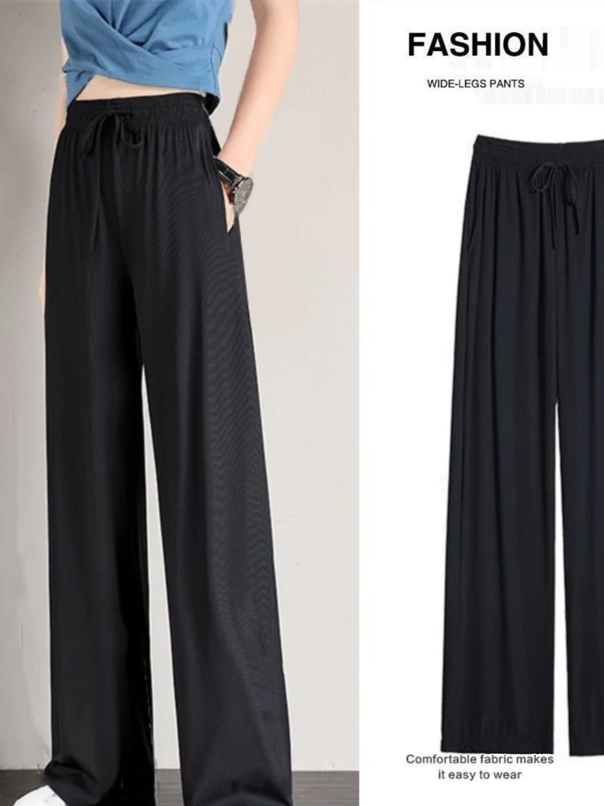 

Ice Silk Wide Leg Pants Women's High Waist Draped Thin Summer Loose Straight Casual Pants Students Casual Trousers