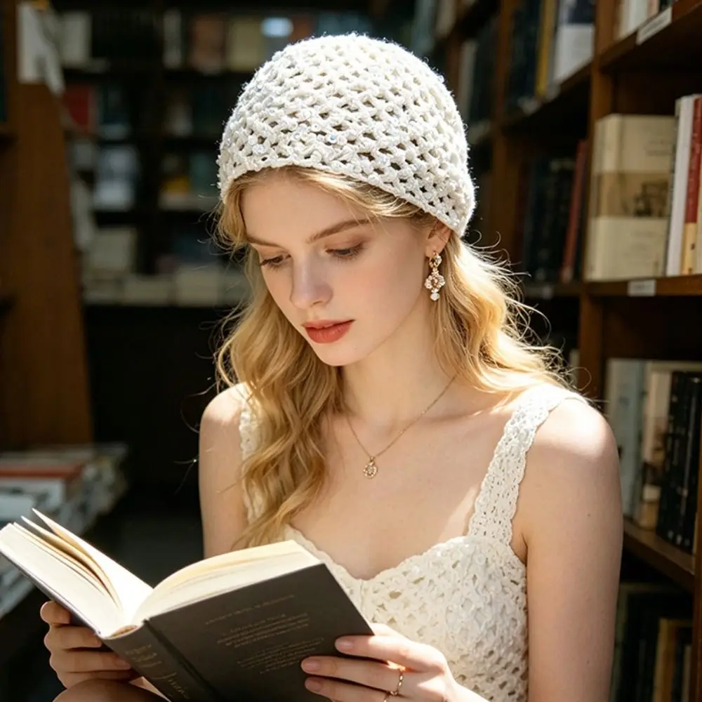 Retro Elegant Sequined Beanie Thin Bohemian Style Weave Cap Crochet Korean Woven Pullover Cap Spring Summer