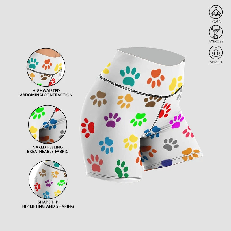 

Women Colorful Paw Print High Waist Yoga Shorts Tummy Control Push Up Naked Feeling Breathable Soft Fitness Workout Shorts White