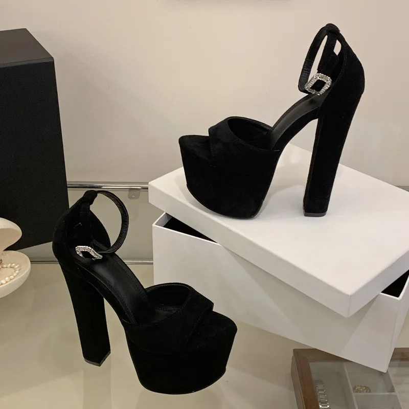 

Women's Style Black High Heels Platform Sandals for Women Cozy Silk Square Toe Buckle Strap Lady Party Dress Shoes Size 40