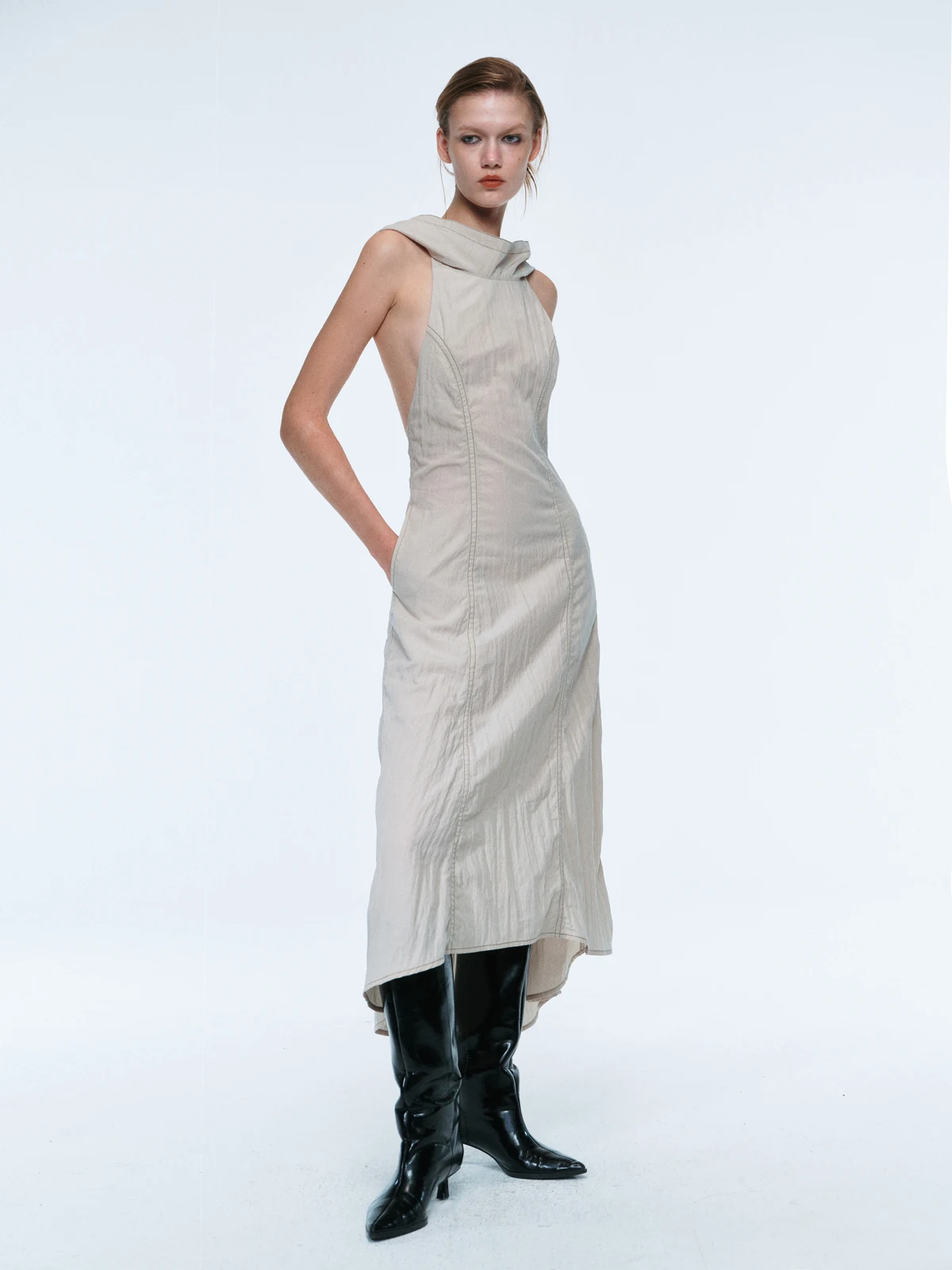 

LUCENCY Spring Summer Long Functional Style Waist-Cinching Midi Backless Dress Ins Style Sleeveless High Collar Party Dress