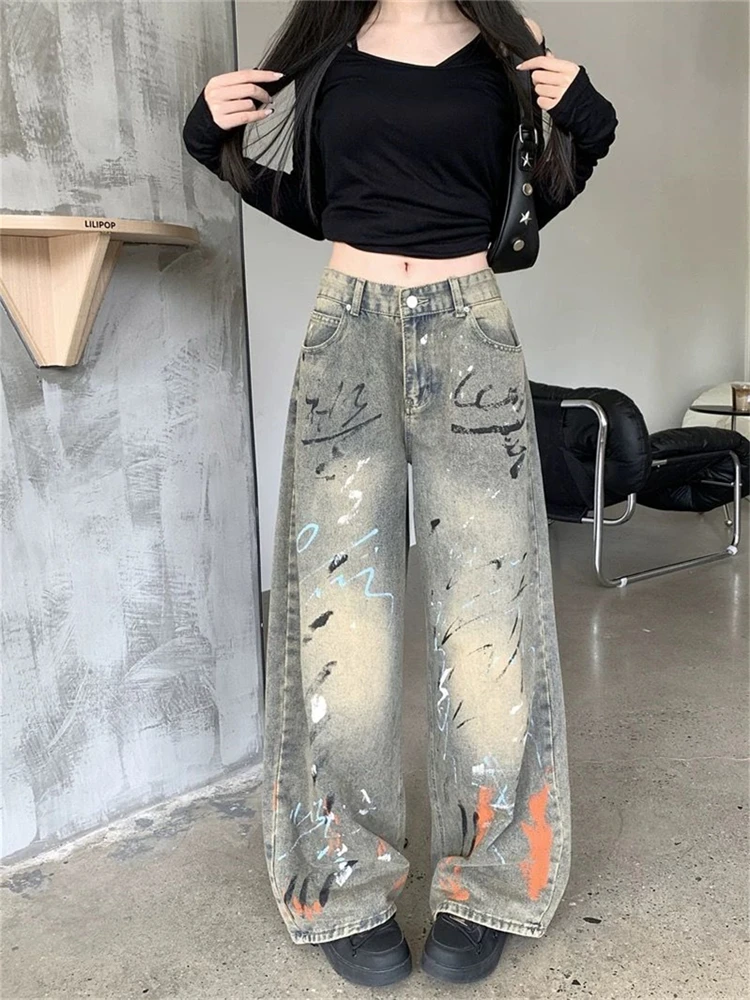 

Women's Graffiti Printed Street Style Wide-leg Jeans Cool Girl Streetwear Trouser Female Casual High Waist Baggy Denim Pants
