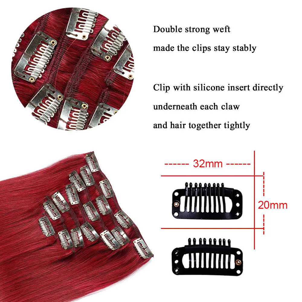 Clip In Hair Extensions Real Human Hair 14-18 Inch 7pcs Human Hair Extension Clip Ins Burgundy Wine Red Long Full Head For Women