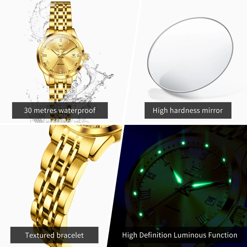 OLEVS 7062 Dameshorloge Luxe merk Automatisch mechanisch horloge Originele mode Romeinse schaal Kalender Waterdicht dameshorloge Relo