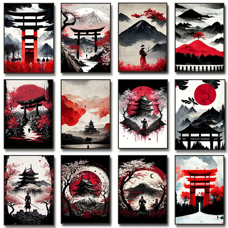 Japan Architectural Gate Warrior Blade Poster Canvas Printing Red And Black Watercolor Wall Art Pictures Room Home Decor Gifts