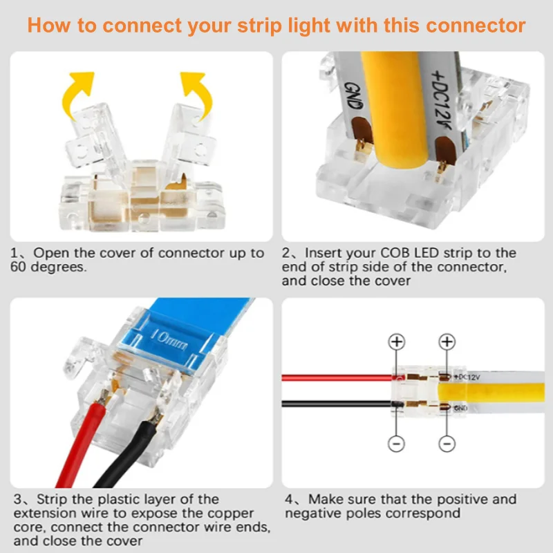 Conector de cable LED COB, conexión de 5 8 10mm, Mini hebilla sin soldadura, tira de luces LED FCOB RGB CCT, 2, 3, 4 pines, sin conector de área