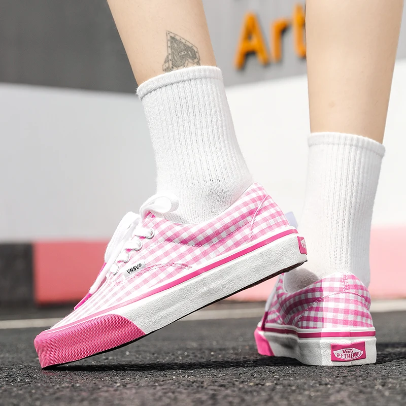 Women Vulcanize Shoes Fashion Pink Gingham Canvas Shoes Round Toe Flat Casual Sneakers Low Top Comfortable Skateboarding Shoes