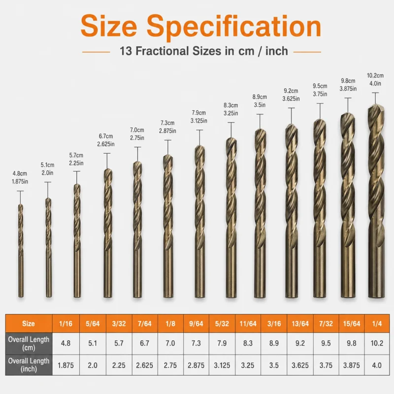 13Pcs M35 Cobalt Drill Bits Set 135° Split Point Straight Shank Fractional Sizes for DIY Workshop Drilling Work