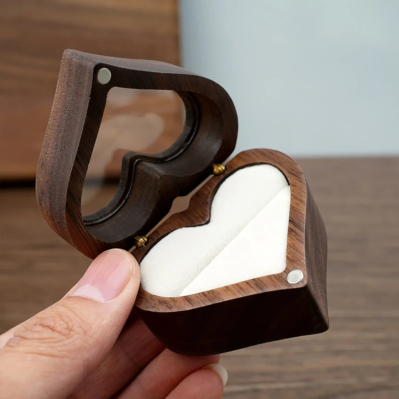 Black Walnut Wooden Engagement Ring Box Solid Heart Shaped Ring Drop Shipping