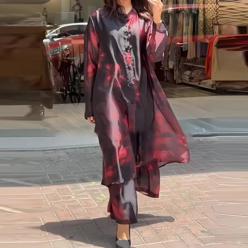 Women 2024 Loose Button Office Outfits Retro Floral Print 2Pcs Elegant O-Neck Long Sleeve Long Cardigan Tops&Wide Leg Pants Suit