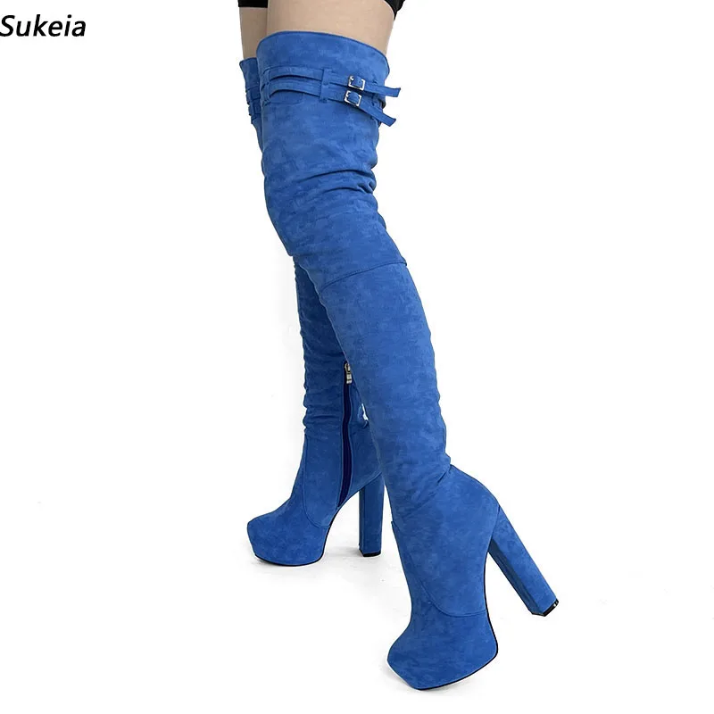 

Sukeia Real Photos Women Winter Thigh Boots Chunky Heels Round Toe Beautiful Light Blue Party Shoes Ladies US Plus Size 5-20