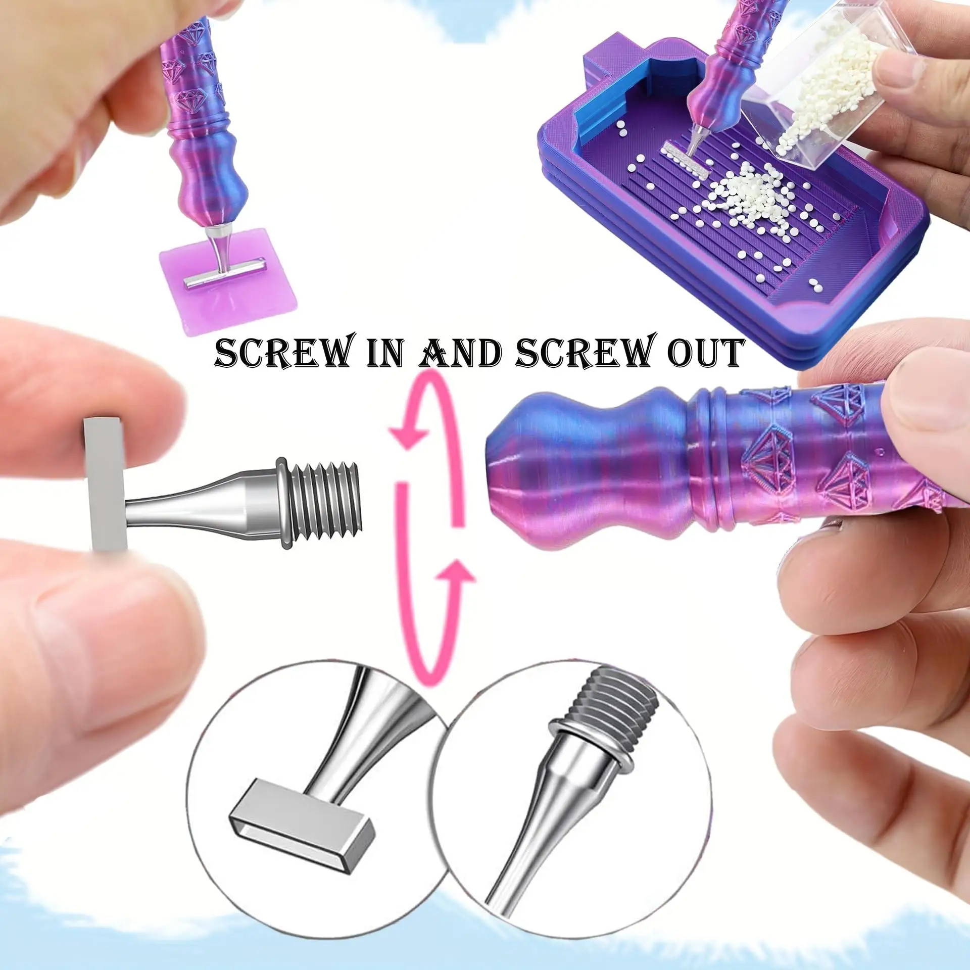 DIY Diamond Painting Pen Set Tools and Accessories, Including No. 1, 3, 6, 9 Threaded Steel Pen Tips and a Tray with Cover, Suitable for 5D Diamond Painting Accessories and Tools