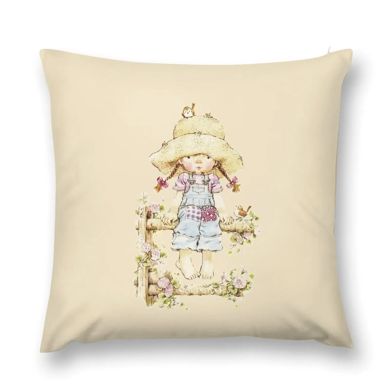 Sarah Kay - Girl sitting on a fence with birds Throw Pillow Sofas Covers Cushions For Sofa Decorative Cushion Cover pillow