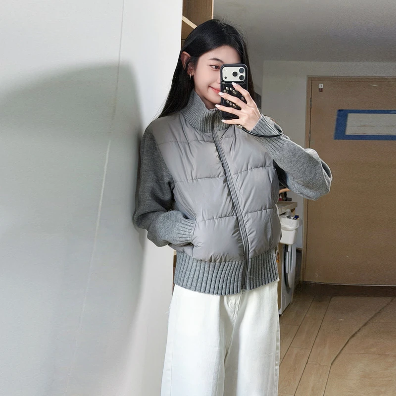 

Autumn Winter Short Knitted Stitching Down Cotton Padded Jacket Slim Stand Collar Zipper Warm Casual Korean White Pink Gray Coat
