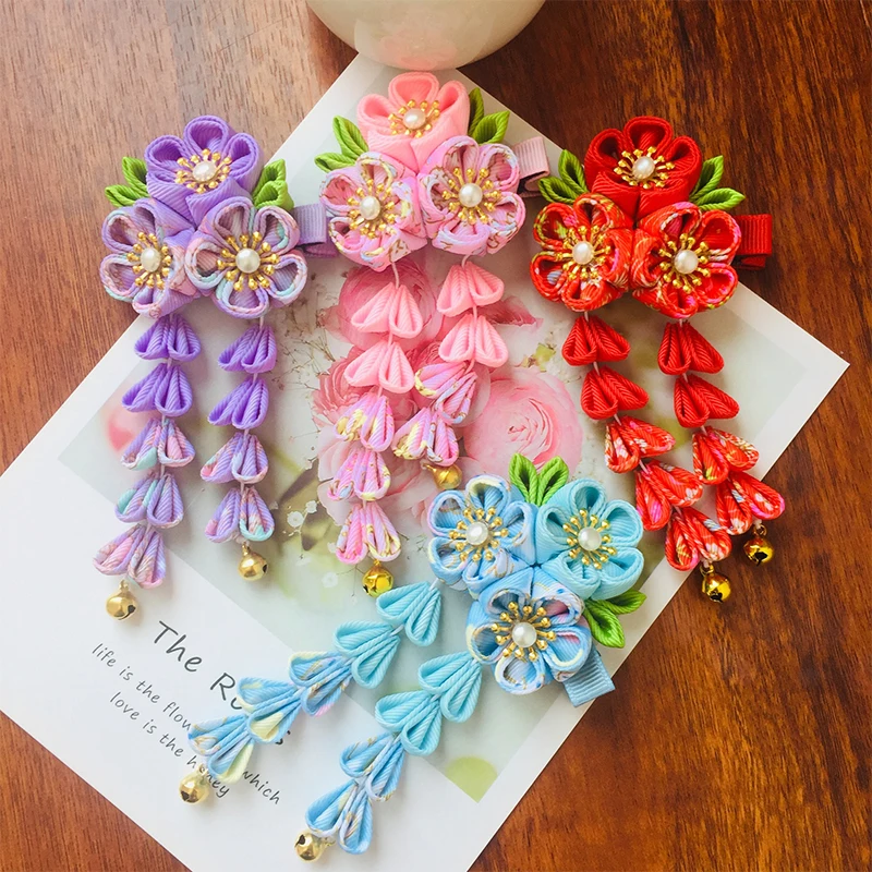 Japanese Kimono Fabric Flower Folding Fan Children Hair Accessories Clip Tassel Headwear Headdress Barrette