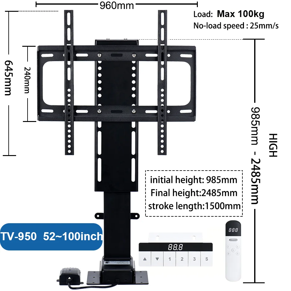 Imagem -05 - Elevador de tv Motorizado com Controle Remoto Led Lcd Suporte do Monitor Altura da Montagem Ajustável Motor Silencioso 80kg de Carga 30100 Polegada